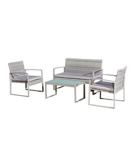 Set in sintetico con struttura in acciaio con 2 sedie 1 divano e 1 tavolino con piano in vetro grigio