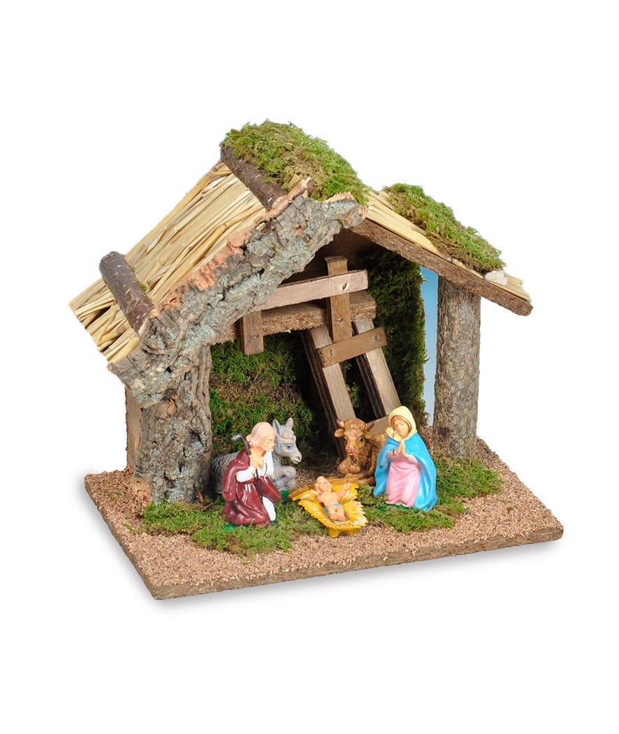 Capanna natività con personaggi e tetto in paglia multicolor