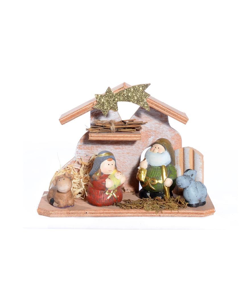 Natività in ceraminca con bue e asino multicolor
