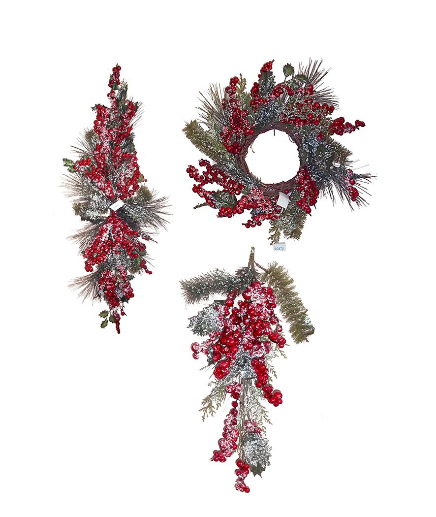 Set decorazioni natalizie con bacche rosse effetto ghiaccio rosso