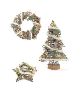 Set decorazioni natalizie con inserti lana e pelouches bacche e rami legno